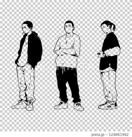 ストリートファッションの若い男性たちの線画イラストセット（モノクロ） 128661982