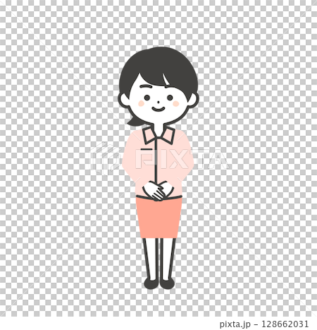 Illustration of a 3-headed woman wearing work clothes over a suit with her hands clasped in front of her 128662031