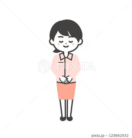 お辞儀をするスーツの上に作業服を着た3頭身女性のイラスト お辞儀をするスーツの上に作業服を着た3頭身女性のイラスト 128662032