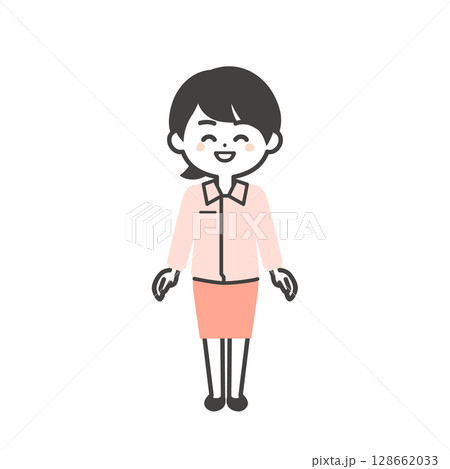 スーツの上に作業服を着た笑顔の3頭身女性のイラスト 128662033