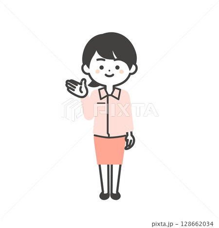手で指すスーツの上に作業服を着た3頭身女性のイラスト 128662034