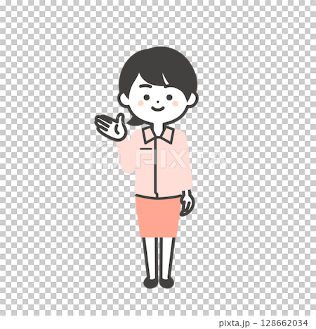 手で指すスーツの上に作業服を着た3頭身女性のイラスト 128662034