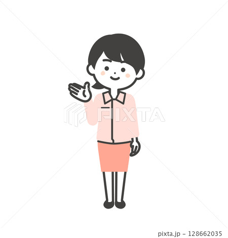 手で指すスーツの上に作業服を着た3頭身女性のイラスト 128662035