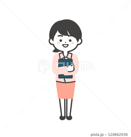 資料を抱えるスーツの上に作業服を着た3頭身女性のイラスト 資料を抱えるスーツの上に作業服を着た3頭身女性のイラスト 128662036