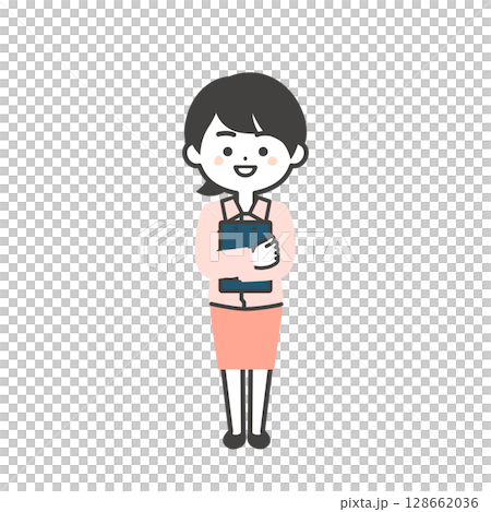 資料を抱えるスーツの上に作業服を着た3頭身女性のイラスト 資料を抱えるスーツの上に作業服を着た3頭身女性のイラスト 128662036