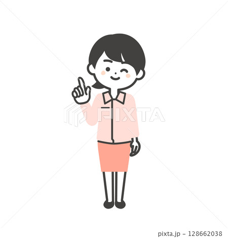 ウインクして指を立てるスーツの上に作業服を着た3頭身女性のイラスト 128662038
