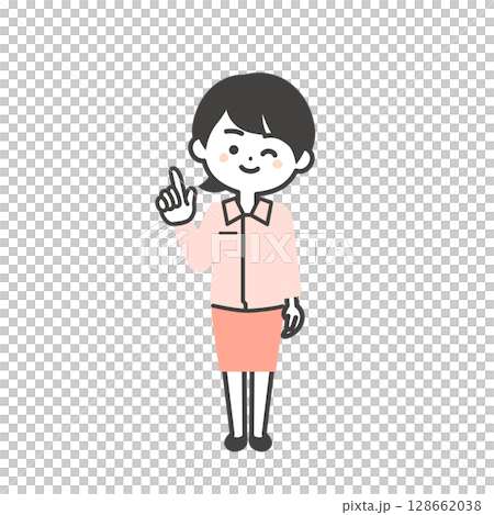 ウインクして指を立てるスーツの上に作業服を着た3頭身女性のイラスト 128662038
