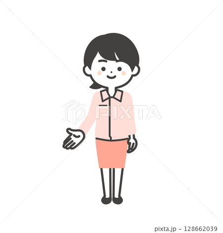 手で下の方を指すスーツの上に作業服を着た3頭身女性のイラスト 手で下の方を指すスーツの上に作業服を着た3頭身女性のイラスト 128662039