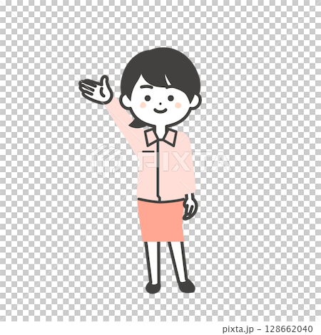 手で上の方を指すスーツの上に作業服を着た3頭身女性のイラスト 128662040
