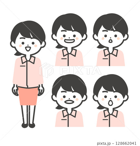 スーツの上に作業服を着た3頭身女性のあいうえおの口の形イラスト 128662041