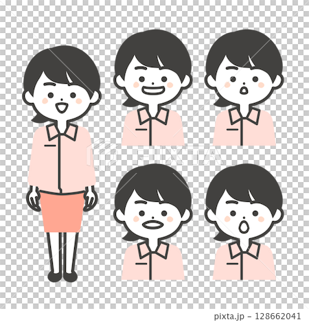 スーツの上に作業服を着た3頭身女性のあいうえおの口の形イラスト 128662041