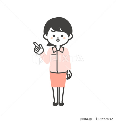 真剣な表情で指を立てるスーツの上に作業服を着た3頭身女性のイラスト 128662042