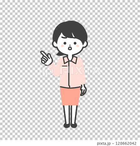 真剣な表情で指を立てるスーツの上に作業服を着た3頭身女性のイラスト 128662042