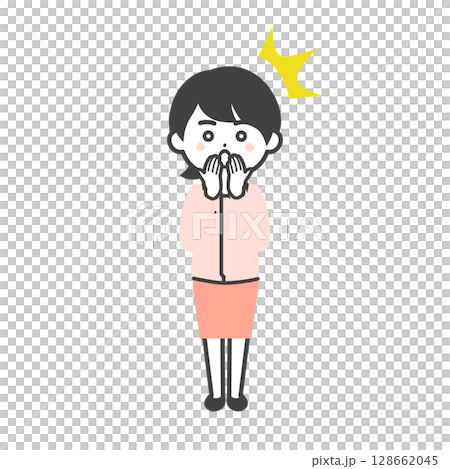 Illustration of a 3-headed woman wearing work clothes over a suit, holding her mouth in surprise 128662045