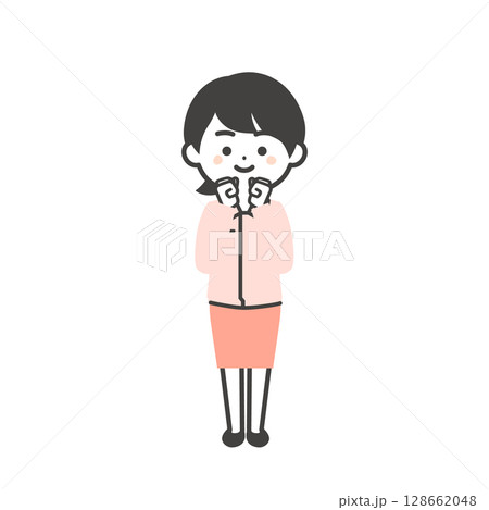 両手を体の前で握るスーツの上に作業服を着た3頭身女性のイラスト 128662048