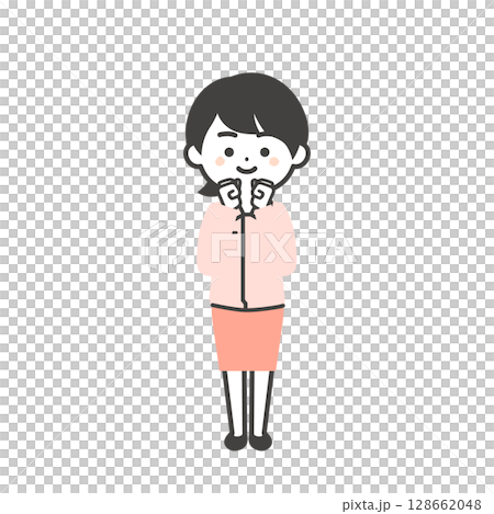 両手を体の前で握るスーツの上に作業服を着た3頭身女性のイラスト 128662048