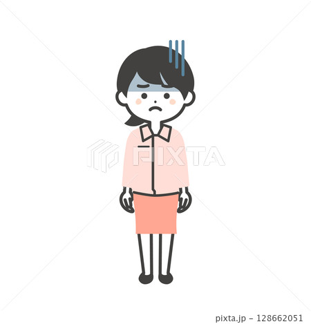 暗い表情のスーツの上に作業服を着た3頭身女性のイラスト 128662051