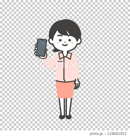 Illustration of a three-headed woman wearing work clothes over a suit holding a smartphone 128662052