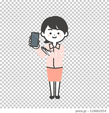 Illustration of a three-headed woman wearing work clothes over a suit holding a smartphone 128662054