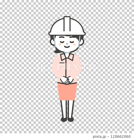 Illustration of a three-headed woman wearing a helmet and work clothes over a suit bowing 128662060