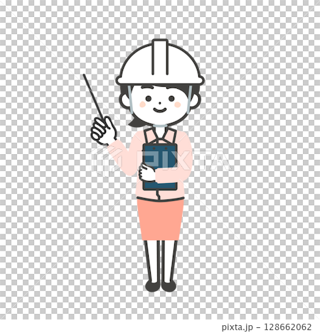 Illustration of a 3-headed woman wearing a helmet and work clothes over a suit pointing with a pointer 128662062