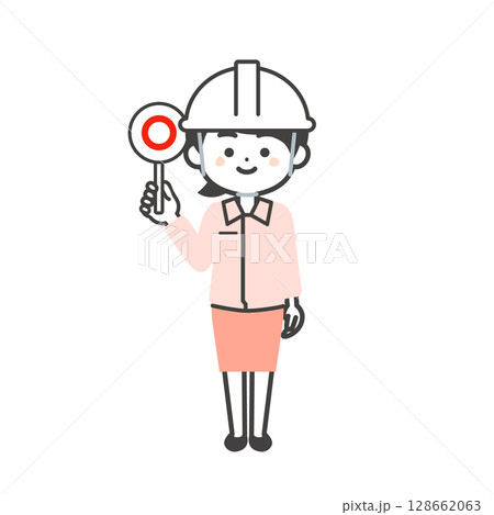 正解の札を持つヘルメットをかぶりスーツの上に作業服を着た3頭身女性のイラスト 128662063