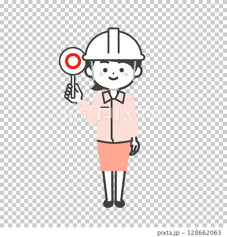 圖：一名三頭女性戴著頭盔，手裡拿著正確答案卡，身穿工作服，外頭套著西裝 128662063