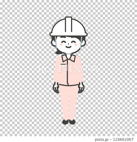 戴著頭盔和工作服的微笑三頭女人的插圖 128662067