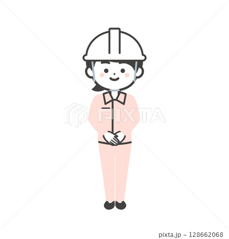前で手を組むヘルメットをかぶり作業服を着た3頭身女性のイラスト 128662068