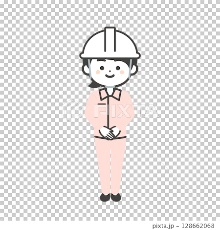 前で手を組むヘルメットをかぶり作業服を着た3頭身女性のイラスト 128662068