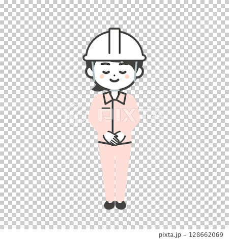 插圖：一個三頭女人戴著頭盔，穿著工作服，外面套著西裝，鞠躬 128662069