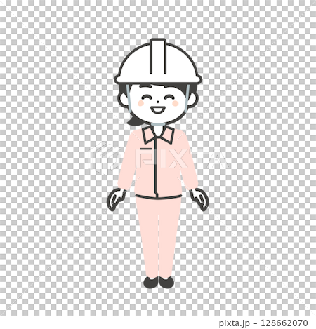 戴著頭盔和工作服的微笑三頭女人的插圖 128662070