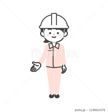 下のほうを指すヘルメットをかぶりスーツの上に作業服を着た3頭身女性のイラスト 下のほうを指すヘルメットをかぶりスーツの上に作業服を着た3頭身女性のイラスト 128662076