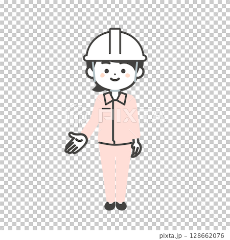Illustration of a 3-headed woman wearing a helmet pointing downwards and wearing work clothes over a suit Illustration of a 3-headed woman wearing a helmet pointing downwards and wearing work clothes over a suit 128662076