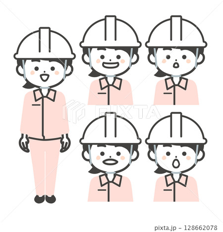 ヘルメットをかぶりスーツの上に作業服を着た3頭身女性のあいうえおの口の形イラスト 128662078