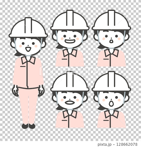 ヘルメットをかぶりスーツの上に作業服を着た3頭身女性のあいうえおの口の形イラスト 128662078