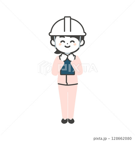 資料を抱えるヘルメットをかぶりスーツの上に作業服を着た3頭身女性のイラスト 128662080