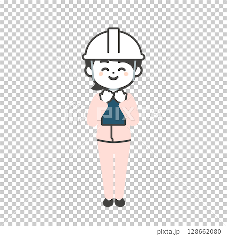 資料を抱えるヘルメットをかぶりスーツの上に作業服を着た3頭身女性のイラスト 128662080