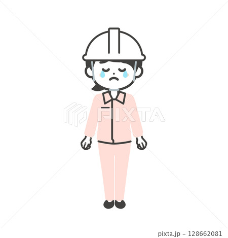 涙を流すヘルメットをかぶりスーツの上に作業服を着た3頭身女性のイラスト 128662081
