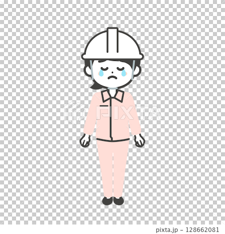 涙を流すヘルメットをかぶりスーツの上に作業服を着た3頭身女性のイラスト 128662081