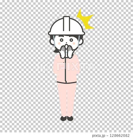 口を押えて驚くヘルメットをかぶりスーツの上に作業服を着た3頭身女性のイラスト 128662082