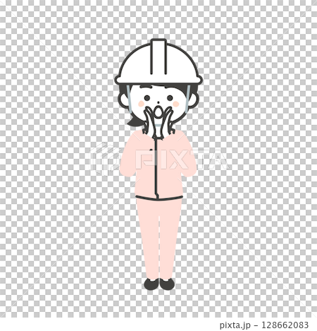 An illustration of a 3-headed woman wearing a helmet and work clothes over a suit, calling with both hands over her mouth An illustration of a 3-headed woman wearing a helmet and work clothes over a suit, calling with both hands over her mouth 128662083