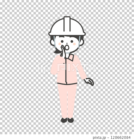 An illustration of a 3-headed woman wearing a helmet and work clothes over a suit, calling with her hand over her mouth 128662084