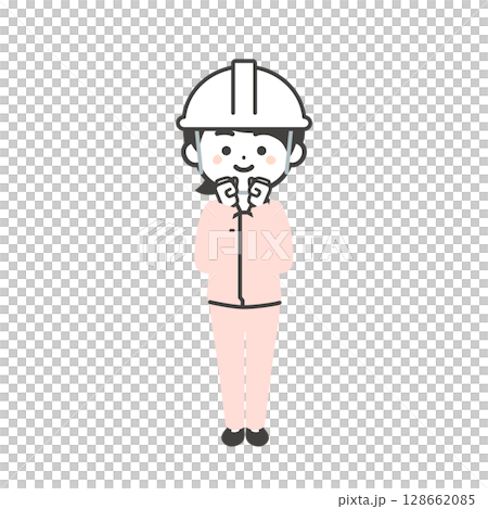 両手でガッツポーズをするヘルメットをかぶりスーツの上に作業服を着た3頭身女性のイラスト 128662085