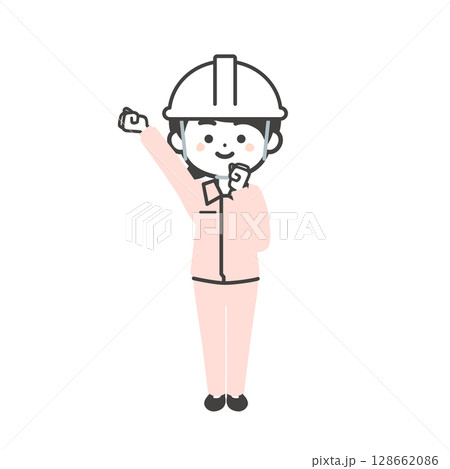 ガッツポーズをするヘルメットをかぶりスーツの上に作業服を着た3頭身女性のイラスト 128662086