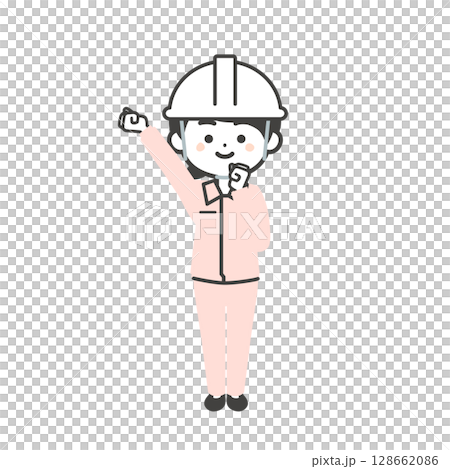 圖：一個三頭女人戴著頭盔，穿著工作服，外面套著西裝，正在揮拳 128662086