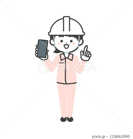 スマホを持つヘルメットをかぶりスーツの上に作業服を着た3頭身女性のイラスト 128662090