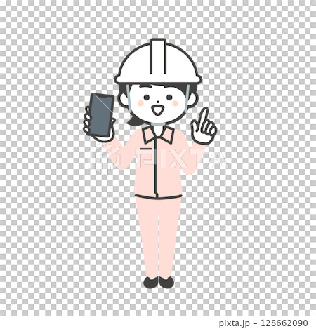 スマホを持つヘルメットをかぶりスーツの上に作業服を着た3頭身女性のイラスト 128662090