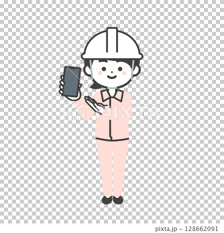 Illustration of a 3-headed woman wearing a helmet and work clothes over a suit pointing at a smartphone Illustration of a 3-headed woman wearing a helmet and work clothes over a suit pointing at a smartphone 128662091