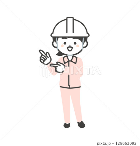 両手の指で指すヘルメットをかぶりスーツの上に作業服を着た3頭身女性のイラスト 128662092